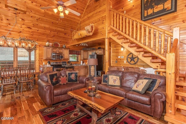 living room featuring wooden ceiling, ceiling fan, wood-type flooring, wood walls, and high vaulted ceiling