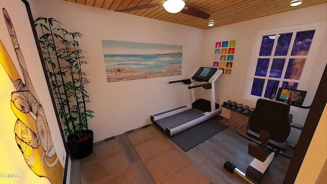 workout area featuring wooden ceiling and ceiling fan
