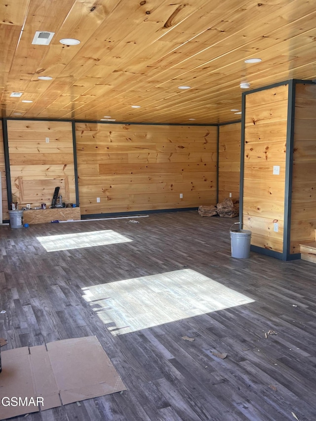 additional living space with wooden ceiling, visible vents, wood finished floors, and wood walls