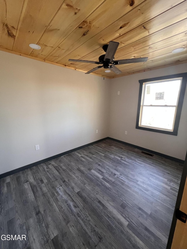 unfurnished room featuring ceiling fan, dark wood-type flooring, wooden ceiling, and baseboards