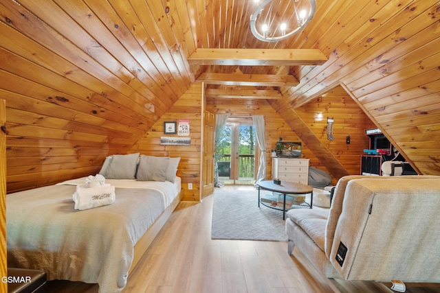 bedroom featuring wooden walls, wood finished floors, vaulted ceiling with beams, wood ceiling, and access to outside