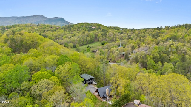 birds eye view of property featuring a mountain view and a wooded view