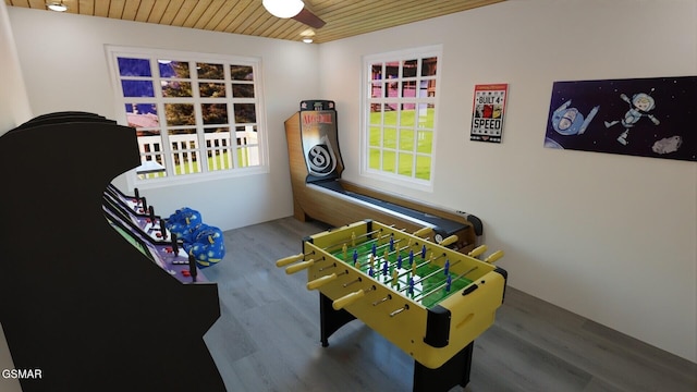 playroom featuring wood finished floors and wood ceiling