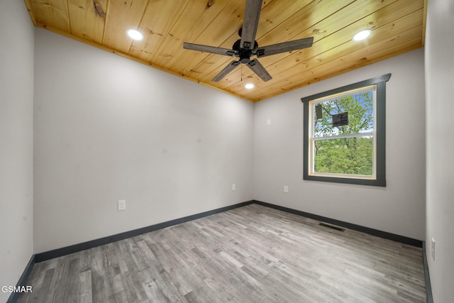 spare room featuring wood finished floors, wooden ceiling, visible vents, and ceiling fan