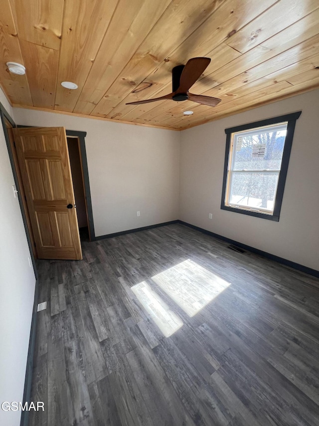 unfurnished bedroom with wood ceiling, baseboards, and dark wood-style flooring