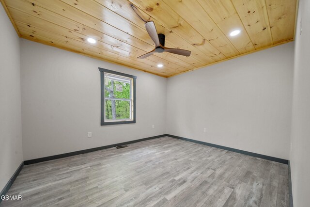 unfurnished room featuring wooden ceiling, wood finished floors, ceiling fan, and recessed lighting