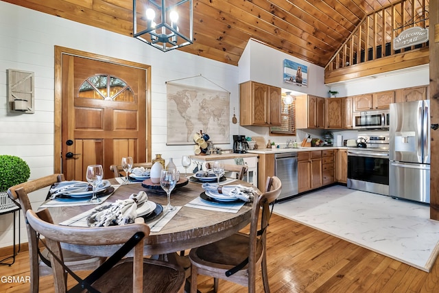 kitchen with wood ceiling, light wood-style flooring, stainless steel appliances, light countertops, and a sink