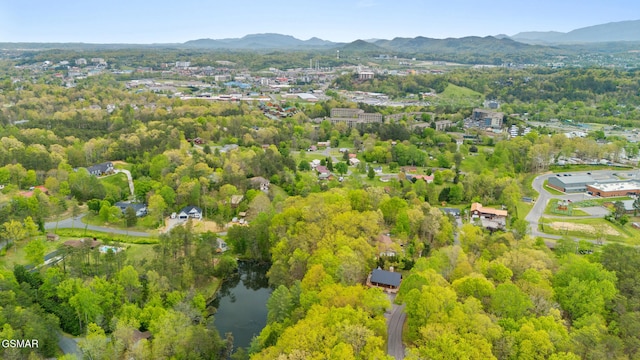 birds eye view of property with a water and mountain view