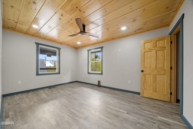 unfurnished room featuring recessed lighting, wood finished floors, wooden ceiling, and ceiling fan