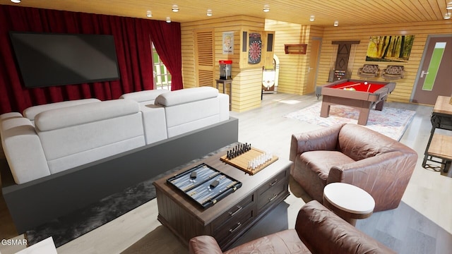 playroom with wooden walls, wooden ceiling, and billiards
