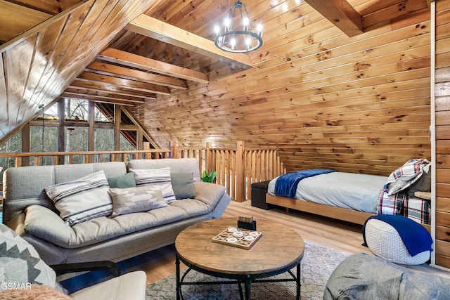 bedroom featuring vaulted ceiling with beams, wooden ceiling, wood finished floors, and wooden walls