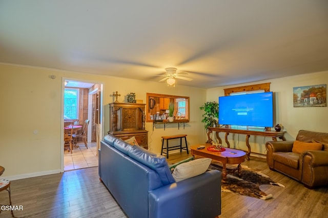 250 Cartertown Rd, Gatlinburg, TN 37738 - living area featuring crown molding, hardwood / wood-style floors, a ceiling fan, and baseboards