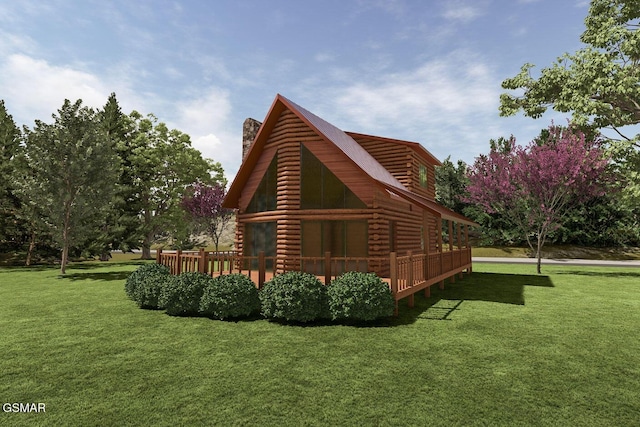 back of house featuring a deck, log exterior, a chimney, and a yard