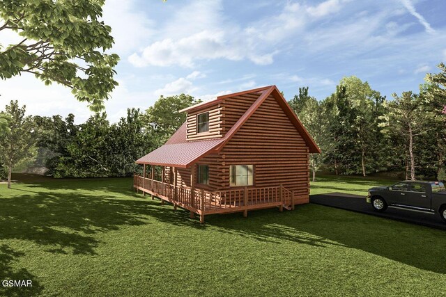 view of side of home with a wooden deck, log siding, a yard, and metal roof