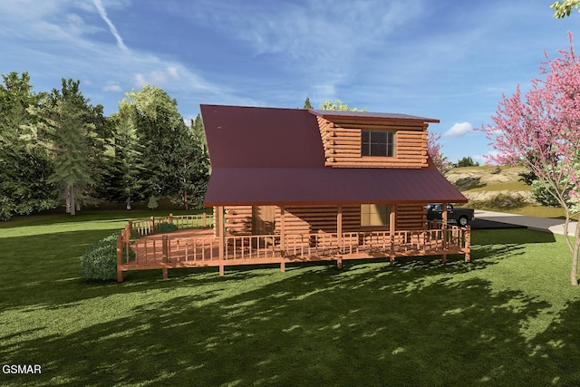 back of property featuring a deck, log siding, a yard, and metal roof