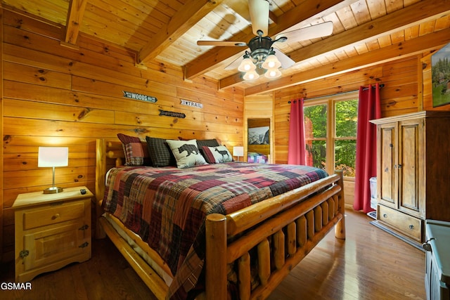 bedroom featuring hardwood / wood-style floors, wood ceiling, and wood walls