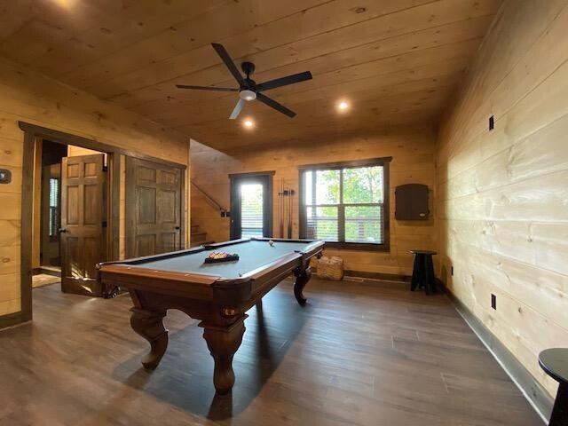 rec room with billiards, wooden walls, and wooden ceiling