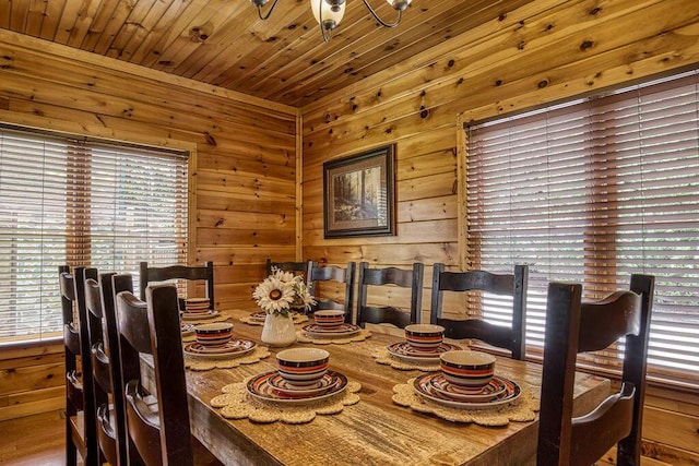 dining space with wood walls and wood ceiling