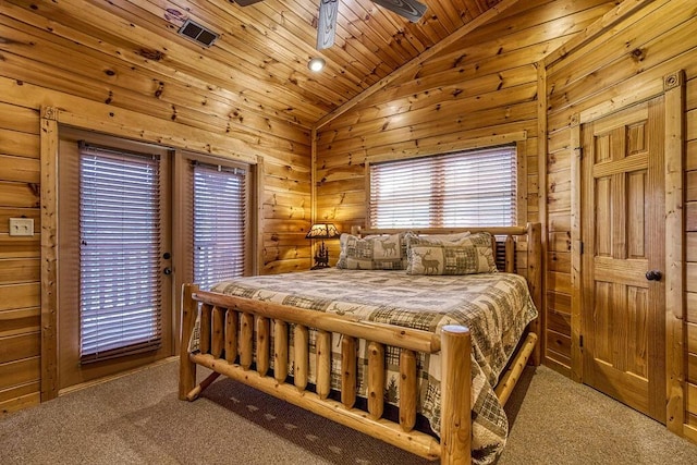 bedroom featuring ceiling fan, carpet floors, wooden ceiling, and lofted ceiling