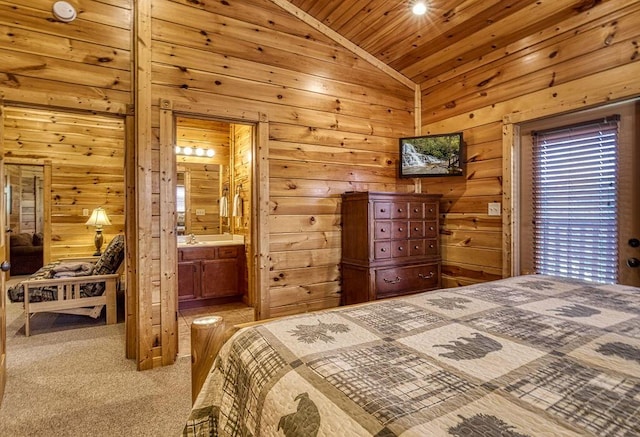 bedroom featuring wood ceiling, light carpet, connected bathroom, and vaulted ceiling