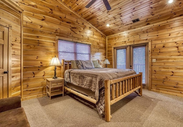 bedroom with carpet, access to exterior, wood ceiling, ceiling fan, and lofted ceiling