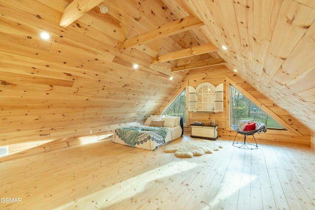 bonus room with wooden walls, visible vents, wood ceiling, wood-type flooring, and vaulted ceiling with beams