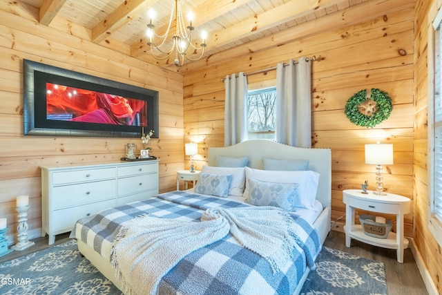 bedroom featuring a notable chandelier, wood walls, wood finished floors, wood ceiling, and beamed ceiling