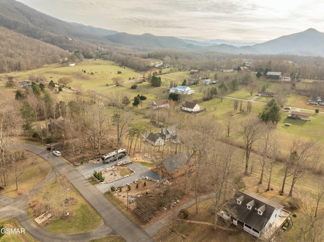 bird's eye view featuring a rural view and a mountain view