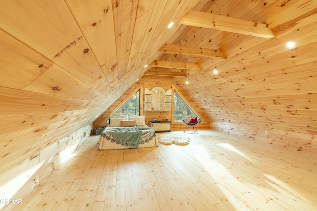 bonus room with vaulted ceiling with beams, wood-type flooring, wood ceiling, and wooden walls