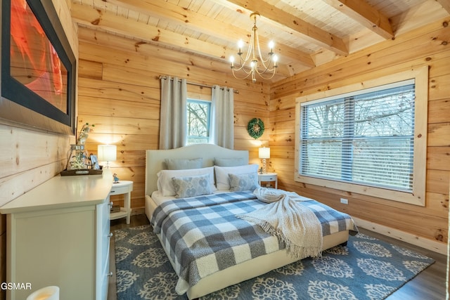 bedroom featuring a chandelier, wood walls, and wooden ceiling