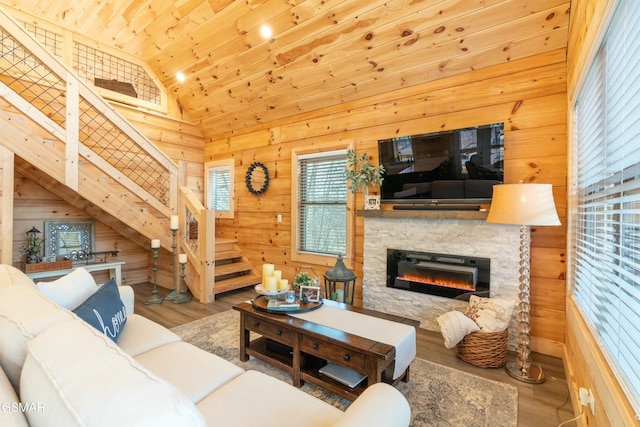 living area with wood ceiling, wooden walls, and wood finished floors