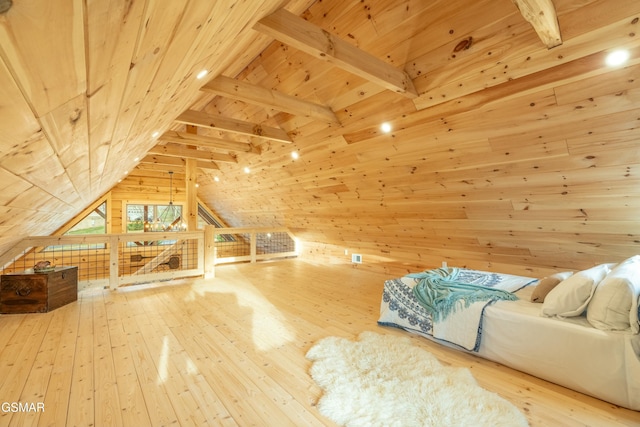 bonus room featuring wooden ceiling, hardwood / wood-style floors, and wood walls