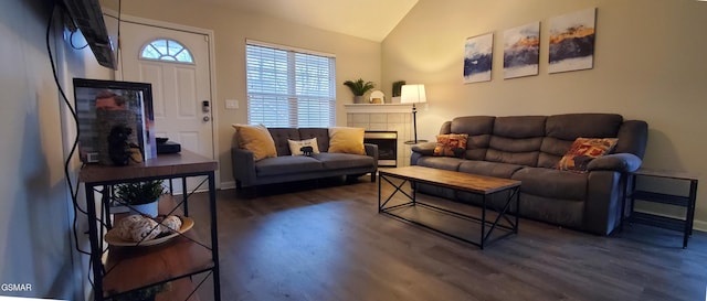 living room featuring lofted ceiling, dark wood-type flooring, and a fireplace