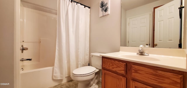 full bath with vanity, toilet, and shower / bath combo with shower curtain