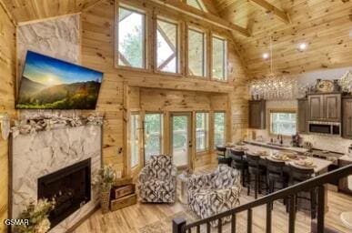 937 Pine Valley Way, Sevierville, TN 37862 - living area with a wooden ceiling with exposed beams, high vaulted ceiling, wood walls, light wood-style flooring, and a fireplace