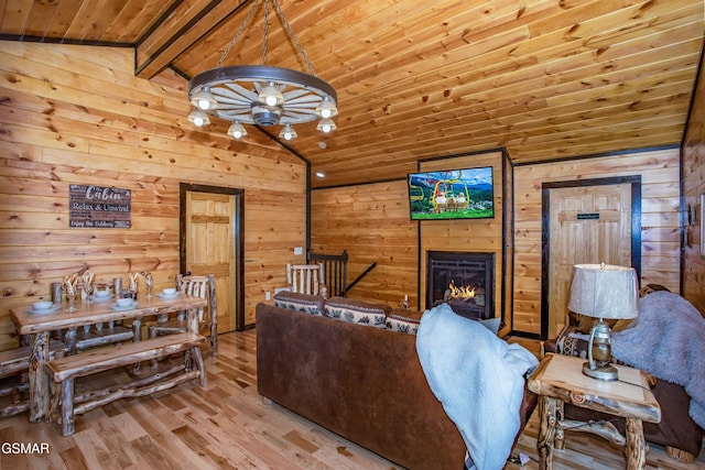1156 Hemlock Dr, Gatlinburg, TN 37738 - living room featuring wood ceiling, wood walls, wood finished floors, and a warm lit fireplace