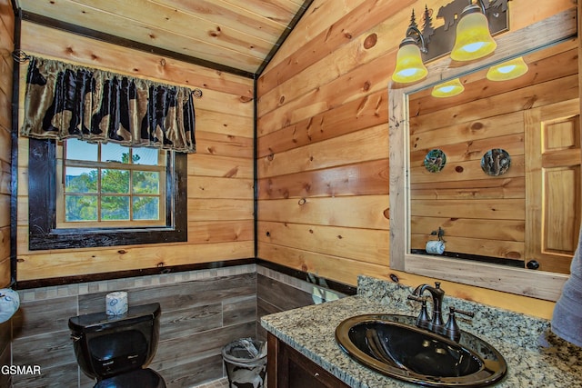 1156 Hemlock Dr, Gatlinburg, TN 37738 - bathroom with wooden walls, vanity, wood ceiling, and lofted ceiling