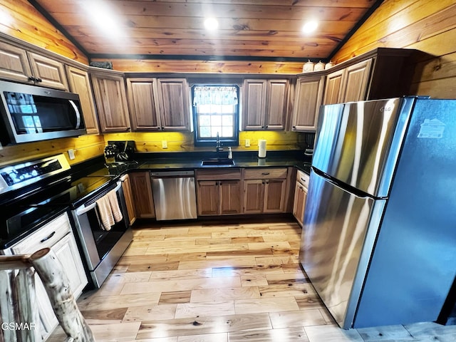 1156 Hemlock Dr, Gatlinburg, TN 37738 - kitchen with appliances with stainless steel finishes, dark countertops, a sink, lofted ceiling, and wooden ceiling