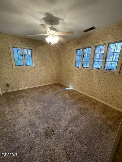 carpeted spare room featuring ceiling fan