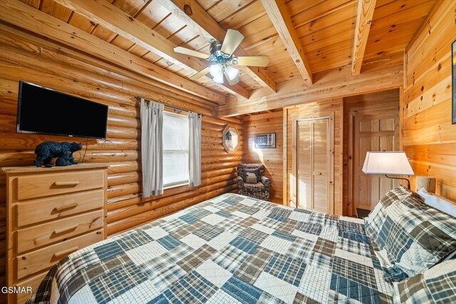 bedroom with wood ceiling, beam ceiling, and rustic walls