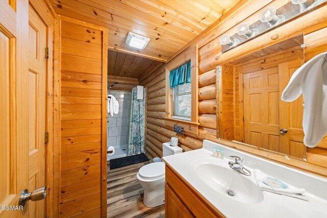 bathroom with wood ceiling, a shower with shower curtain, vanity, wood-type flooring, and toilet