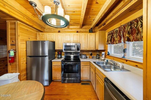 kitchen with sink, wood ceiling, light hardwood / wood-style flooring, beamed ceiling, and stainless steel appliances