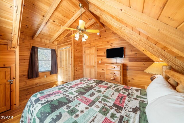 bedroom featuring lofted ceiling with beams, wood ceiling, and wood walls