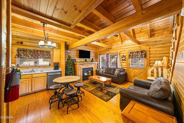 living room featuring beamed ceiling, sink, a chandelier, light hardwood / wood-style floors, and wooden ceiling