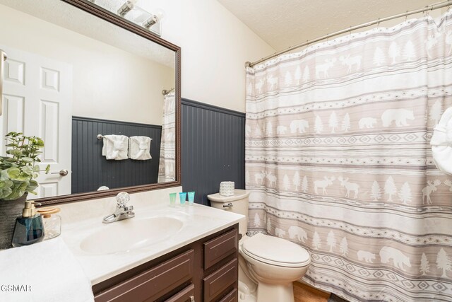 bathroom featuring vanity, wood walls, toilet, and a textured ceiling