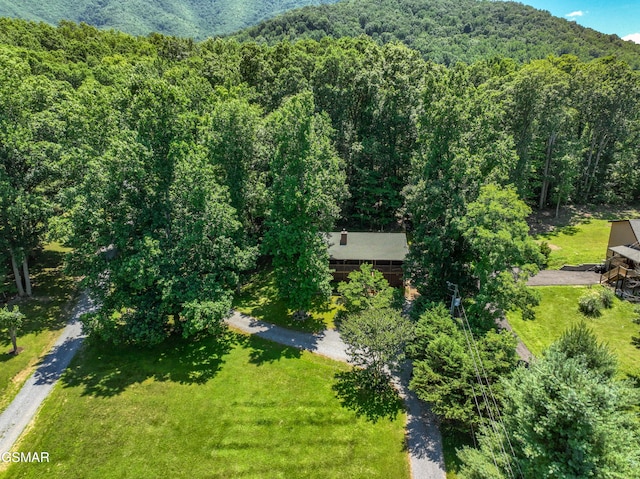 drone / aerial view featuring a mountain view