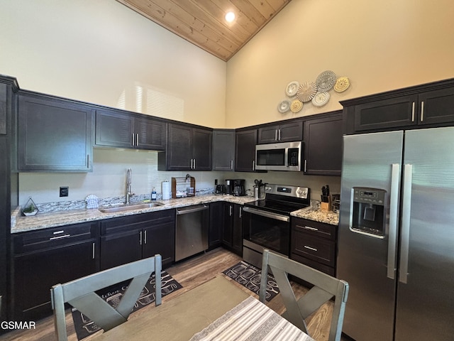 3412 Worth Rd, Sevierville, TN 37876 - kitchen with stainless steel appliances, high vaulted ceiling, wooden ceiling, light stone countertops, and dark cabinets