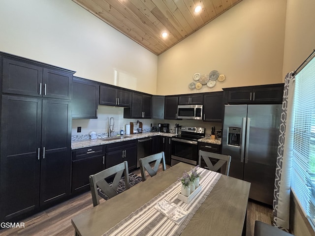 3412 Worth Rd, Sevierville, TN 37876 - kitchen featuring appliances with stainless steel finishes, high vaulted ceiling, wooden ceiling, dark cabinetry, and dark wood-style flooring