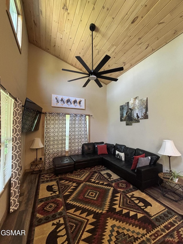 3412 Worth Rd, Sevierville, TN 37876 - living room with wooden ceiling, ceiling fan, wood finished floors, high vaulted ceiling, and plenty of natural light