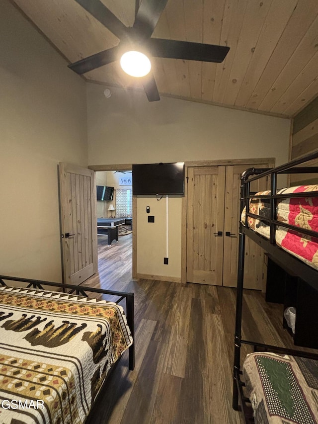3412 Worth Rd, Sevierville, TN 37876 - bedroom featuring dark wood-type flooring, high vaulted ceiling, and a ceiling fan
